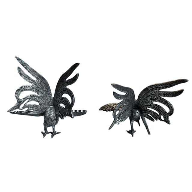 1950s Mid 20th Century Iberian Silvered Brass Fighting Cockerels For Sale - Image 5 of 13