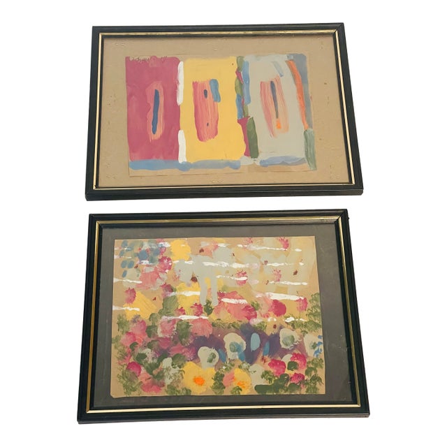 1970s Pair of Abstract Acrylics on Paper Signed and Framed For Sale