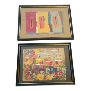 1970s Pair of Abstract Acrylics on Paper Signed and Framed
