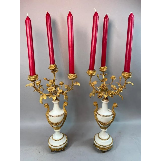 19thC French Louis XVI White Marble Bronze Candelabras - Pair For Sale - Image 17 of 17
