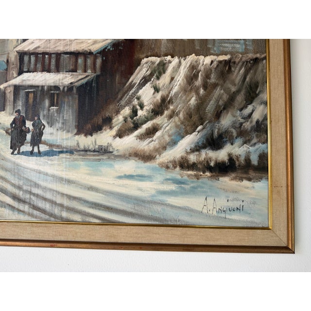 Sky Blue 1960s A. Angivoni European Town Winter Landscape Oil on Canvas Painting, Framed For Sale - Image 8 of 11