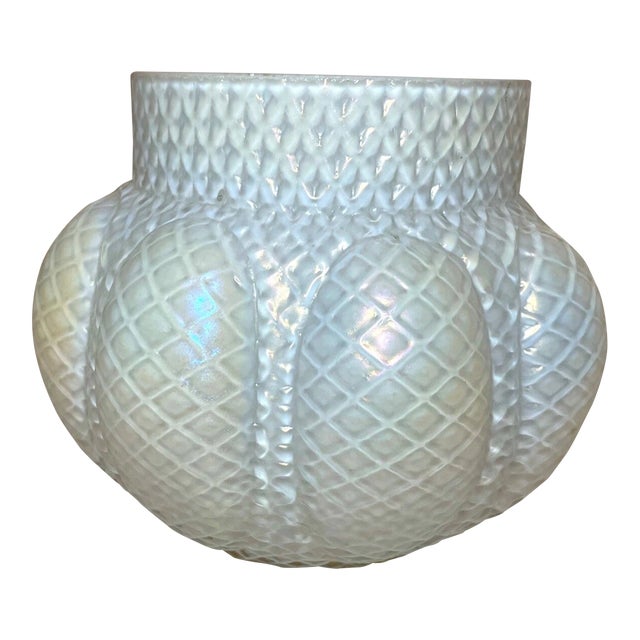 Antique Hand Blown Kralik Bohemian Studio Pressed White Iridescent Glass Vase For Sale