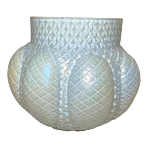 Antique Hand Blown Kralik Bohemian Studio Pressed White Iridescent Glass Vase
