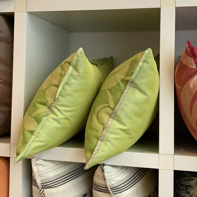 Contemporary Family Room Green Floweret Damask Pillows - a Pair For Sale - Image 3 of 5