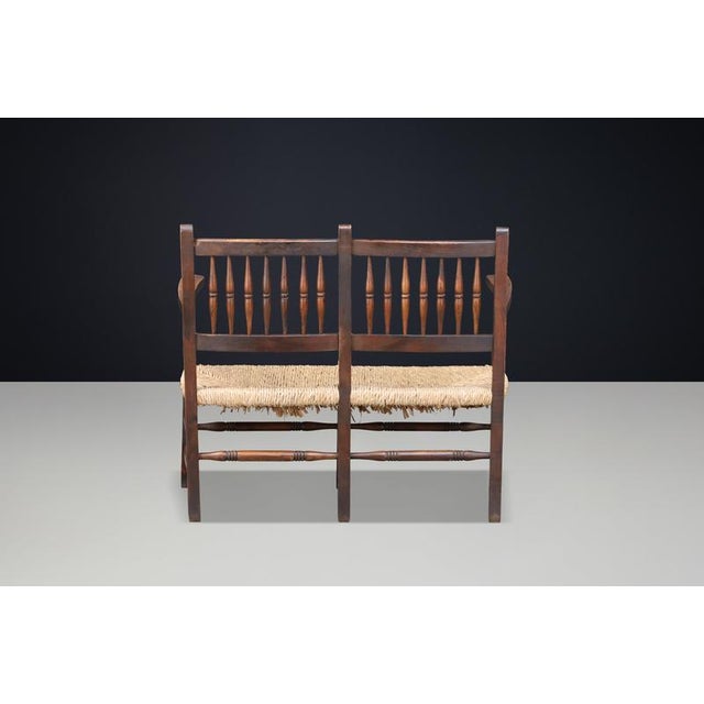 1950s French Patinated Beech and Rush 2-Seat Bench, France, 1950s For Sale - Image 5 of 11