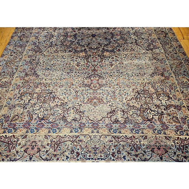 19th Century Oversized Persian Kerman Lavar Rug, Hand-Knotted Wool, Floral Pattern, Ivory & Blue, 11’ X 17’ For Sale - Image 13 of 18