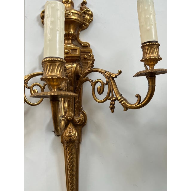 French Antique Large 3 Light French Gold Gilt Bronze Pair Wall Sconces Figural Heads With Horn For Sale - Image 3 of 12