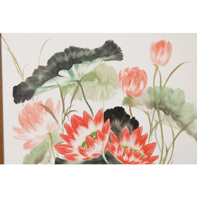Pink Vintage Chinese Water Lily Watercolor Painting For Sale - Image 8 of 13