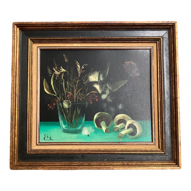 1960’s Original Still Life Painting With Mushrooms & Plants Original Vintage Frame Signed For Sale