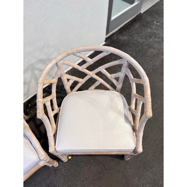 Mid 20th Century Henry Link Dining Set. Fully Refurbished, New Upholstered Seats. Chippendale, White Washed Chairs and Table With Glass. Classic Coastal Design For Sale - Image 5 of 12