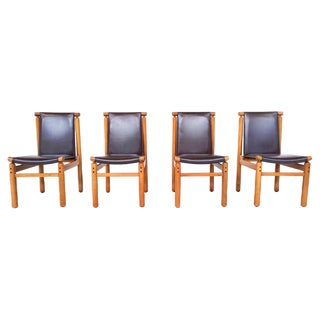 Mid-Century Modern Leather Dining Chairs attributed to Ilmari Tapiovaara, 1970s, Set of 4 For Sale