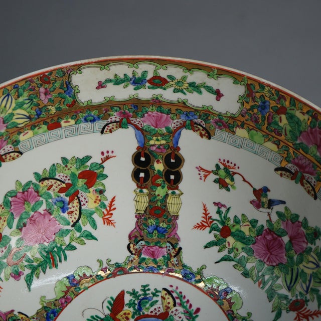 Chinese Early 20th Century Antique Large Chinese Rose Medallion Porcelain Wash Bowl with Garden Scene For Sale - Image 3 of 9