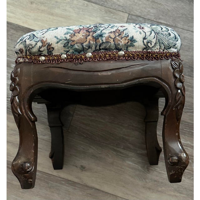 Wood Vintage Early/Mid 20th Victorian Style Mahogany Wood and Upholstered Footstool For Sale - Image 7 of 10
