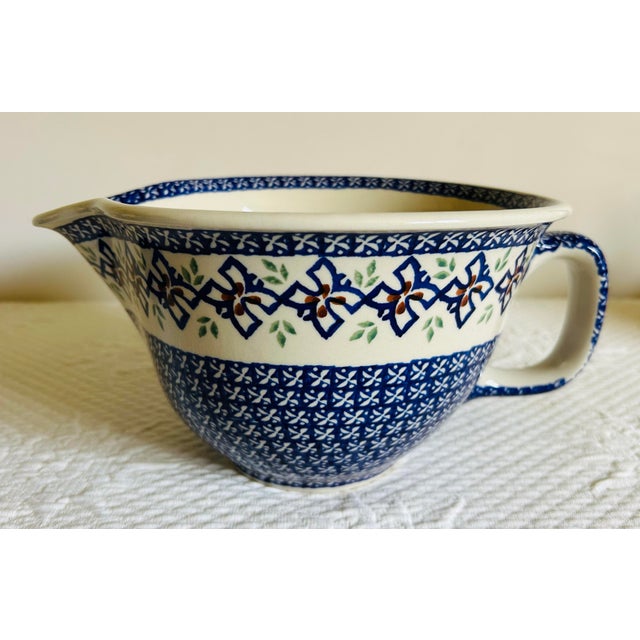 Beautiful, large, polish stoneware pottery batter bowl with handle and pouring spout. Blue, green and white decorated....