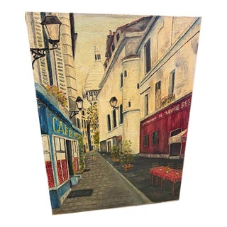 Charming Vintage Signed and Dated 1985 Original Oil Painting on Canvas Depicting a Picturesque Parisian Street Scene in the Montmartre Tradition. For Sale