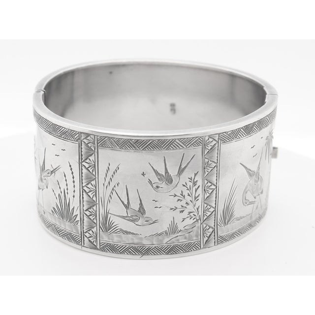 English Victorian Aesthetic Sterling Silver Bangle Bracelet With Scenes of Birds For Sale - Image 9 of 12
