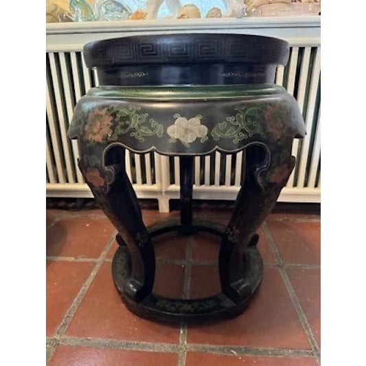 Antique Chinese Cloisonne Top Round Jardiniere Stand with Two Fish Motif on top. Sturdy and sound with nice details all...