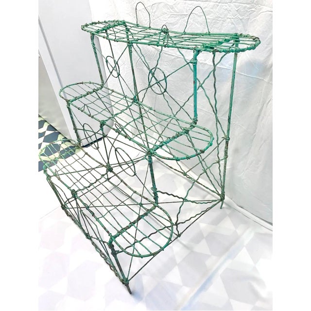 Victorian Antique Victorian Wire Plant Stand – Three Tier Garden Shelf With Original Green Paint For Sale - Image 3 of 10
