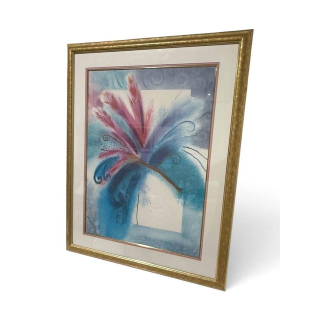 Late 20th Century Vintage Framed Abstract Floral Artwork in Blue, Teal and Pink With Gold Frame - Signed For Sale - Image 5 of 5