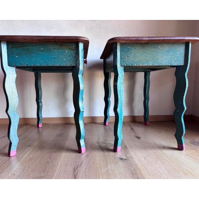 Folk Art Handmade Folk Art Side Tables Nightstands David Marsh/Marsh Fun Co Handpainted Solid Ponderosa Pine Rustic Southwest Cabin Post Modern Memphis Style For Sale - Image 3 of 18