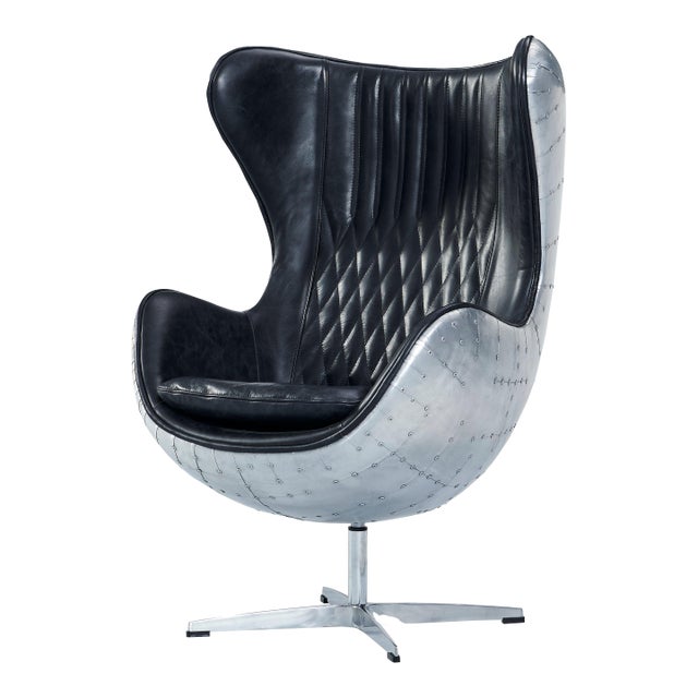 Cruz Modern Egg Chair - Brown Leather and Metal Spitfire Shell For Sale
