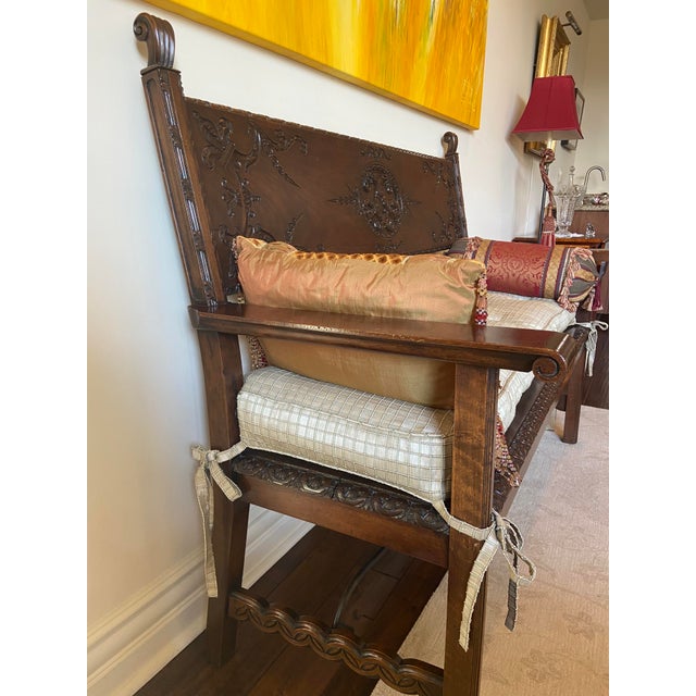 Mid 20th Century Antique Castilian Style Spanish Wood Bench With Custom Thai Silk Pillow For Sale - Image 4 of 7