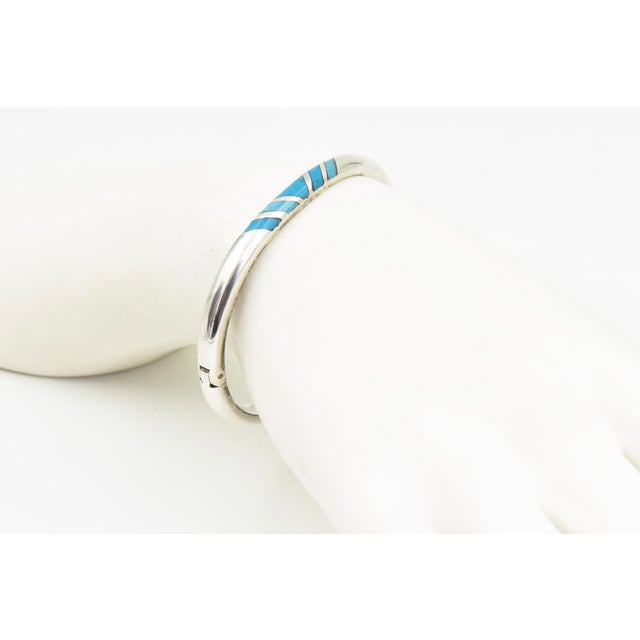Metal Vintage Modernist Mexican Geometric Turquoise Sterling Silver Bangle Bracelet For Sale - Image 7 of 9