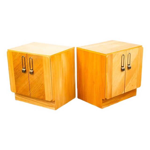 Mid Century Modern Nightstands Doors End Side Tables Blonde Canadian MCM Two 2 For Sale