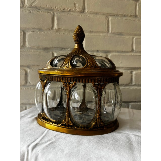 Metal Mid 20th Century Solid Brass & Hand Blown Bubble Glass Lidded Dome Apothecary Jar For Sale - Image 7 of 8