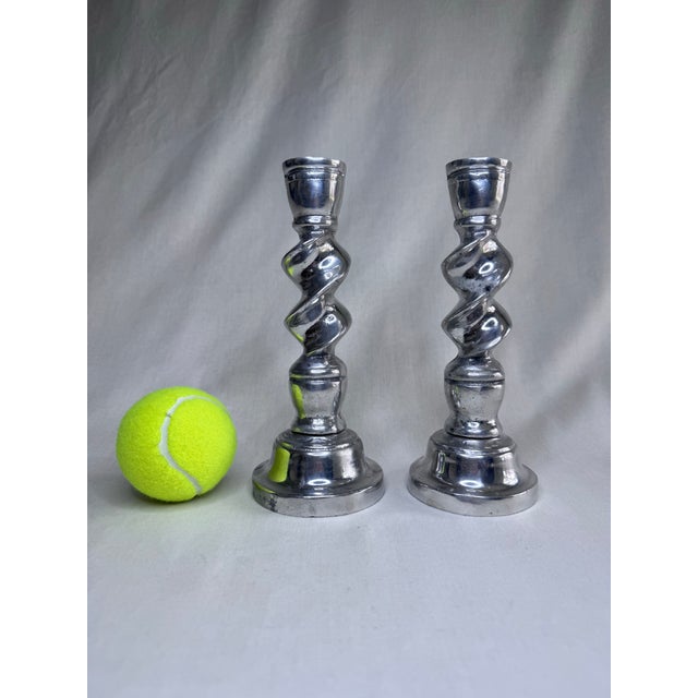 Vintage English Traditional Barley Twist Small Silver Tone Candlesticks, a Pair For Sale - Image 11 of 11
