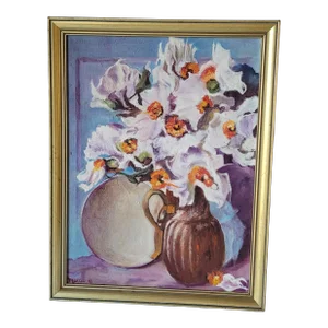 1993 "Poppies in a Pitcher" Still Life Framed Oil Painting