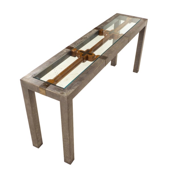 Vintage Brutalist Iron, Brass & Wood Console Table W/ Thick Beveled Glass Insert For Sale - Image 10 of 18