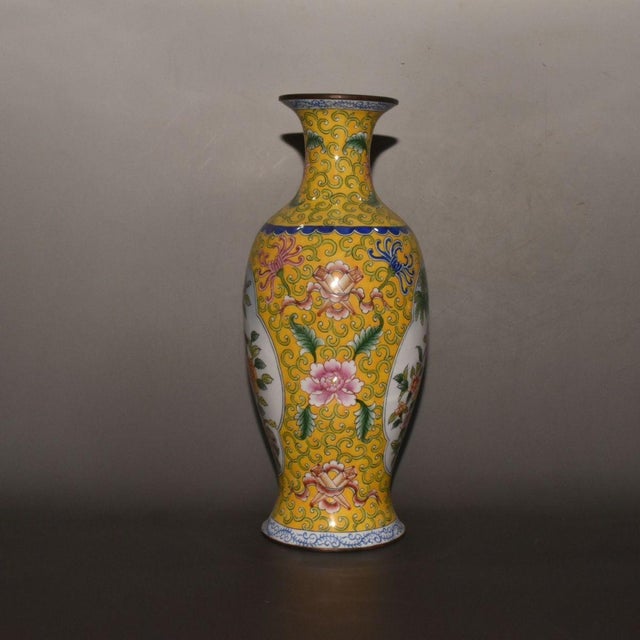 Vintage Chinese Gilt Copper Enamel "Bird & Flower" Vase, Qianlong Mark - 663g For Sale - Image 4 of 9