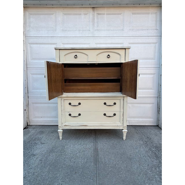 Vintage French Country Cabinet Dresser, Distressed Cream Chest With Cabinet Doors, Cottage Farmhouse Storage Furniture, French Bedroom Chest For Sale - Image 10 of 12
