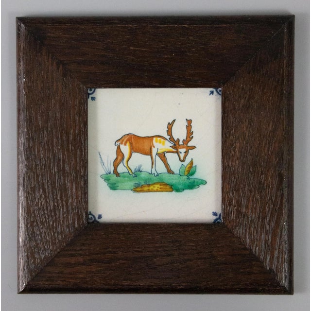 Traditional Antique Dutch Delft Framed Polychrome Animal Tiles - Set of 4 For Sale - Image 3 of 7