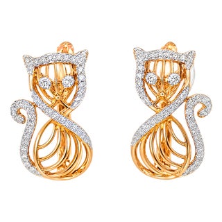 Late 20th Century 14K Pink Rose Gold Diamond Cat Huggie Earrings, Pair For Sale