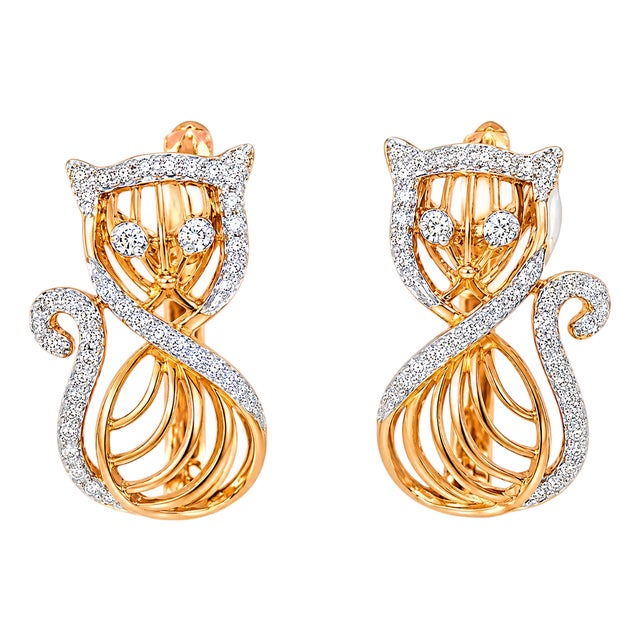Late 20th Century 14K Pink Rose Gold Diamond Cat Huggie Earrings, Pair For Sale