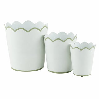 White & Soft Green Scalloped Bucket Wastepaper Basket/Planter Set, Set of 3 For Sale