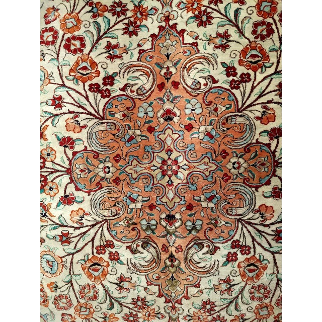 Vintage Persian Qum Area Rug, Hand-Knotted Silk, Floral Pattern, Ivory & Navy, 3x5 For Sale - Image 13 of 18