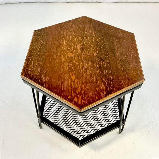 Wood Mid-Century Boho Chic Industrial Metal & Pine Hexagonal Side Table. For Sale - Image 7 of 10