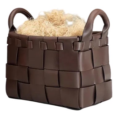 Large Leather Hand-Woven Decorative Basket by Oscar Maschera For Sale