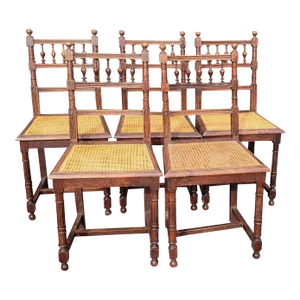 Set of 5 Early 20th C. French Henry II Oak and Cane Seat Dining Chairs