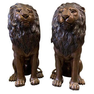 Cast Bronze Sitting Lions, 20th Century, Set of 2 For Sale