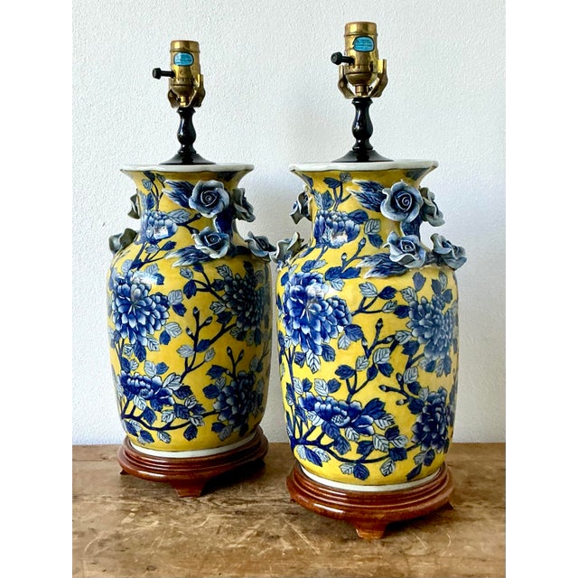 Vintage Boho Blue Rose Glazed Ceramic Vase Lamps - A Pair For Sale - Image 9 of 12