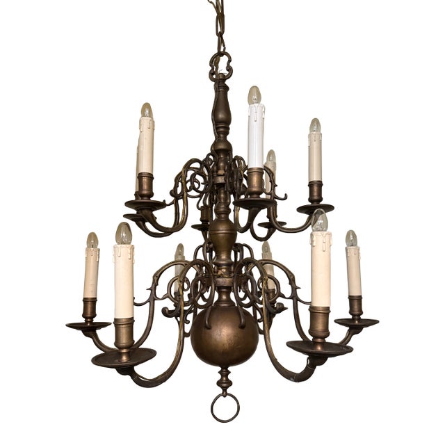 Early 12 Arm Colonial Brass Chandelier For Sale
