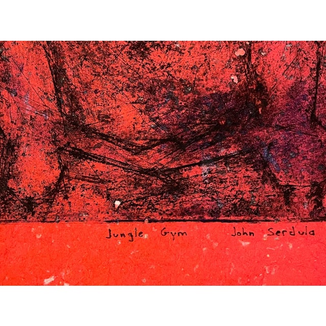 1970s abstract etching on red handmade paper. Signed, titled "Jungle Gym," and numbered from an edition 6of 17. The red...