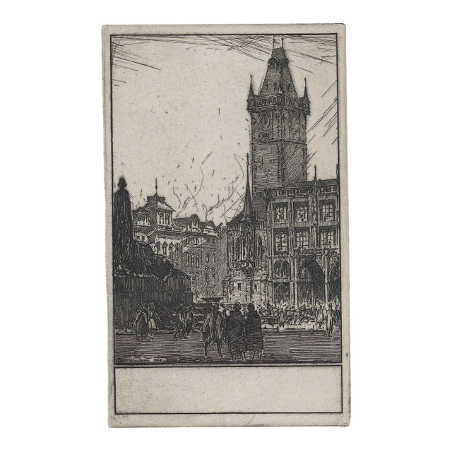 1930s Jan Vondrous Etching of Prague Astronomical Clock Tower and Old Town Square For Sale