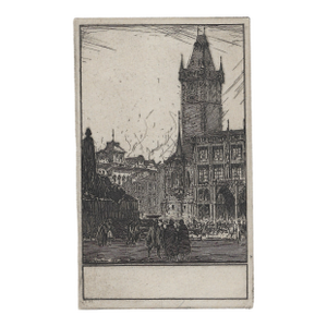 1930s Jan Vondrous Etching of Prague Astronomical Clock Tower and Old Town Square