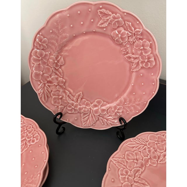 Ceramic Vintage 1980s Bordallo Pinheiro “Ingrid Pink” Floral Embossed Plates- Set of 4 For Sale - Image 7 of 11