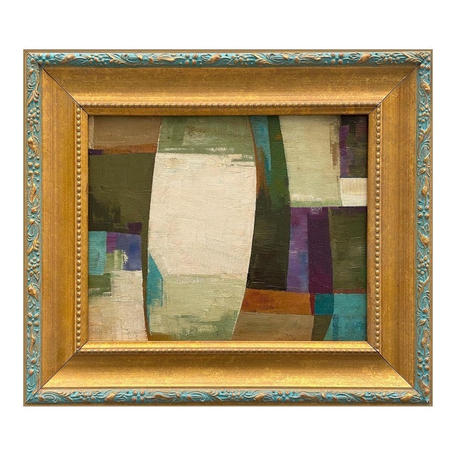 Contemporary Abstract Olive Green Oil Painting in Vintage Gold Frame For Sale